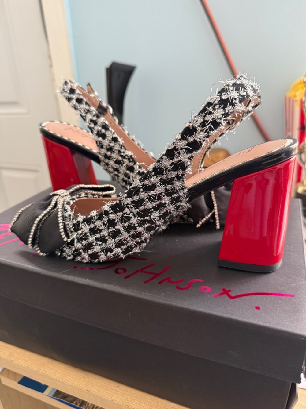 Betsey Johnson Black Tweed Slingback Pumps with Red Block Heels